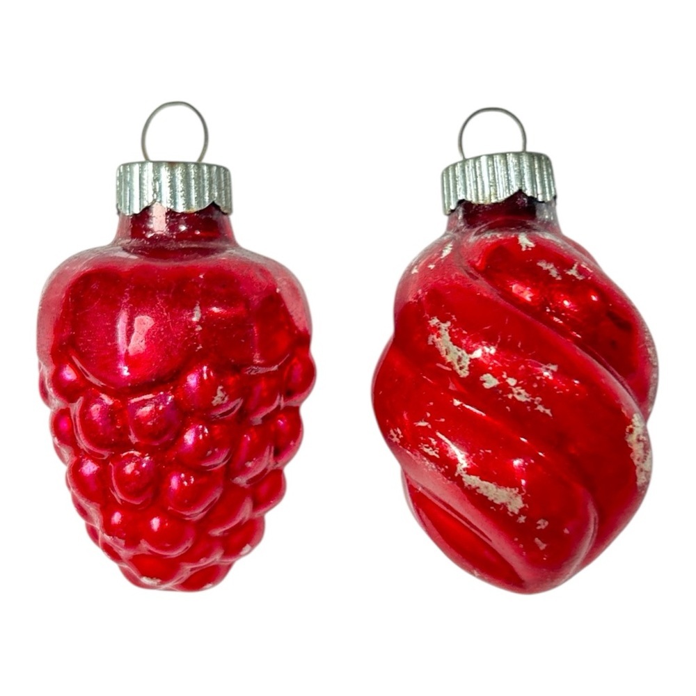2 Vintage Shiny Brite Red Mercury Glass Christmas Ornaments Grape Cluster Spiral